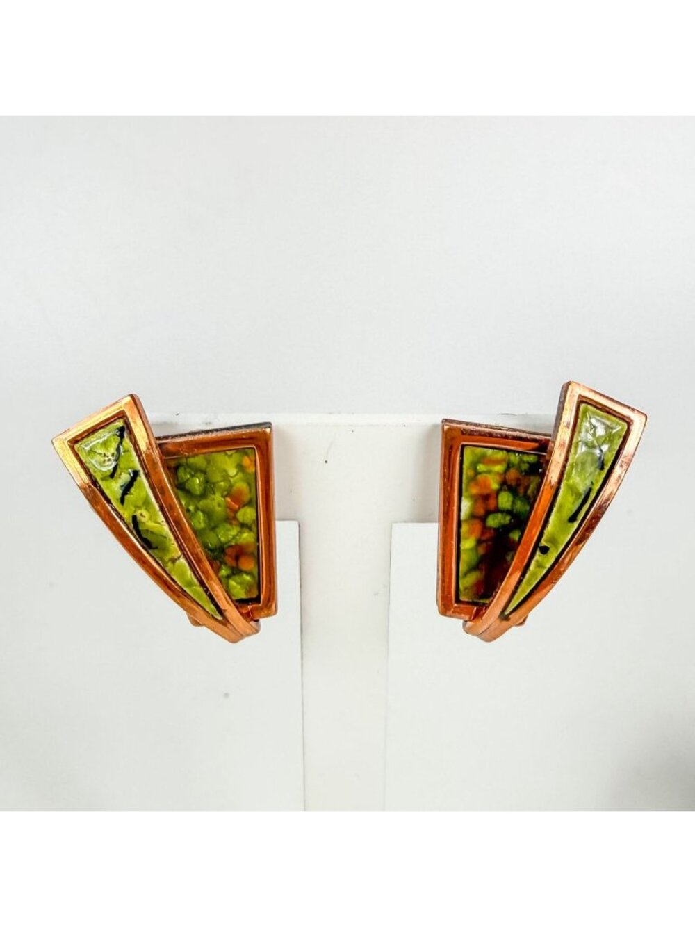 Vintage Renoir Matisse Green Orange Enamel On Copper Clip-On Earrings